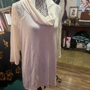 White Lace Sleeve Cowl Neck Top